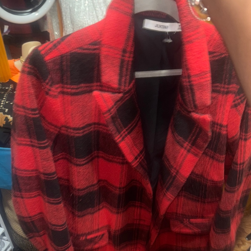 JustFab Red and Black Plaid Blazer